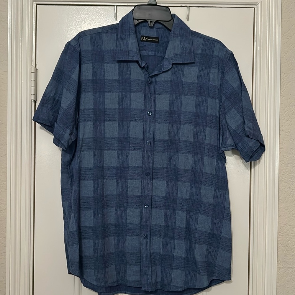 Neiman Marcus Mens Blue Linen Blend Shadow Plaid Button Up Shirt Large L